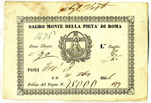 obverse: CARTAMONETA - STATO PONTIFICIO - Sacro Monte della Pietà di Roma (Poliza di Pegno)  - 3 Paoli 1854  RR  Polizza n. 75000. qSPL