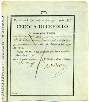 obverse: CARTAMONETA - NAPOLI  Cedola di credito, Napoli, 24/01/1808, per 25 ducati. qFDS