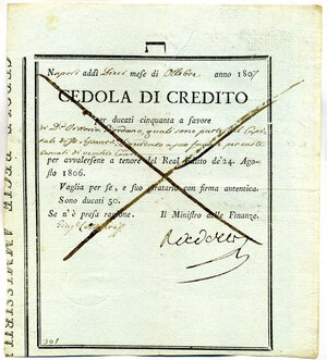 obverse: CARTAMONETA - NAPOLI  Cedola di credito, Napoli, 10/10/1807, per 50 ducati. qSPL