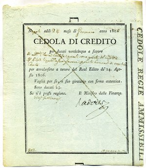 obverse: CARTAMONETA - NAPOLI  Cedola di credito, Napoli, 24/01/1808, per 100 ducati. qFDS