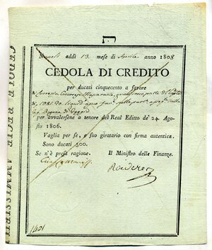 obverse: CARTAMONETA - NAPOLI  Cedola di credito, Napoli, 13/04/1808, per 500 ducati. qFDS