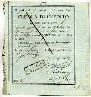 obverse: CARTAMONETA - NAPOLI  Cedola di credito, Napoli, 18/08/1809, per 1000 ducati. qFDS