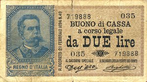 obverse: CARTAMONETA - BUONI DI CASSA - Umberto I (1878-1900) - 2 Lire 21/09/1894 - Serie 31-39 Alfa 22; Lireuro 6B RRRR  Dell Ara/Righetti Taglietto in alto. meglio di MB