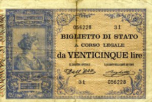 obverse: CARTAMONETA - BIGLIETTI DI STATO - Umberto I (1878-1900) - 25 Lire 21/07/1895 Alfa 95; Lireuro 20A RRRRR  Dell Ara/Righetti; con matrice laterale Taglio in alto e in mezzo. meglio di MB