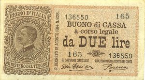 obverse: CARTAMONETA - BUONI DI CASSA - Vittorio Emanuele III (1900-1943) - 2 Lire 16/11/1922 - Serie 151-165 Alfa 35; Lireuro 7F R  Giu. Dell Ara/Porena. BB+