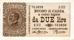 obverse: CARTAMONETA - BUONI DI CASSA - Vittorio Emanuele III (1900-1943) - 2 Lire 17/10/1921 - Serie 126-150 Alfa 34; Lireuro 7E R  Giu. Dell Ara/Porena. qFDS