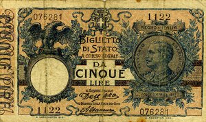 obverse: CARTAMONETA - BIGLIETTI DI STATO - Vittorio Emanuele III (1900-1943) - 5 Lire 21/01/1911 - Serie 901-1200 Alfa 52; Lireuro 12B RR  Dell Ara/Altamura. meglio di MB