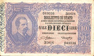 obverse: CARTAMONETA - BIGLIETTI DI STATO - Vittorio Emanuele III (1900-1943) - 10 Lire 10/09/1923 - Serie 3761-4190 Alfa 80; Lireuro 17F R  Maltese/Rossolini Piega verticale. bel BB