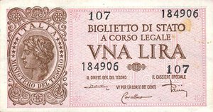 obverse: CARTAMONETA - BIGLIETTI DI STATO - Luogotenenza (1944-1946) - Lira 23/11/1944 Alfa 19; Lireuro 5C   Di Cristina/Cavallaro/Parisi Questa serie dovrebbe avere le firme di Ventura/Simoneschi/Giovinco - Ingiallimento sotto la serie. FDS