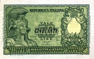 obverse: CARTAMONETA - BIGLIETTI DI STATO - Repubblica Italiana (monetazione in lire) (1946-2001) - 50 Lire - Italia elmata 31/12/1951 Alfa 268; Lireuro 23B   Di Cristina/Cavallaro/Parisi. qFDS