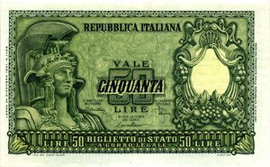 obverse: CARTAMONETA - BIGLIETTI DI STATO - Repubblica Italiana (monetazione in lire) (1946-2001) - 50 Lire - Italia elmata 31/12/1951 Alfa 268; Lireuro 23B   Di Cristina/Cavallaro/Parisi. qFDS