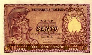 obverse: CARTAMONETA - BIGLIETTI DI STATO - Repubblica Italiana (monetazione in lire) (1946-2001) - 100 Lire - Italia elmata 31/12/1951 Alfa 428; Lireuro 24B   Di Cristina/Cavallaro/Parisi Piega laterale. qFDS