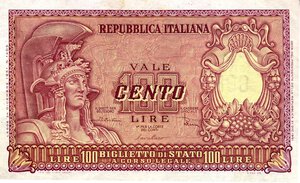 obverse: CARTAMONETA - BIGLIETTI DI STATO - Repubblica Italiana (monetazione in lire) (1946-2001) - 100 Lire - Italia elmata 31/12/1951 Alfa 428; Lireuro 24B   Di Cristina/Cavallaro/Parisi. SPL