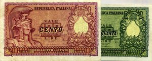 obverse: CARTAMONETA - BIGLIETTI DI STATO - Repubblica Italiana (monetazione in lire) (1946-2001) - 100 Lire - Italia elmata e 50 Lire 31/12/1951 Lireuro 24B e 23B   Di Cristina/Cavallaro/Parisi. BB÷qSPL