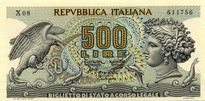 obverse: CARTAMONETA - BIGLIETTI DI STATO - Repubblica Italiana (monetazione in lire) (1946-2001) - 500 Lire - Aretusa 20/06/1966 Alfa 550; Lireuro 25A   Stammati/Gubbio/Ventura/Signoretti. FDS