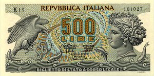 obverse: CARTAMONETA - BIGLIETTI DI STATO - Repubblica Italiana (monetazione in lire) (1946-2001) - 500 Lire - Aretusa 20/10/1967 Alfa 551; Lireuro 25B   Nuvoloni/Gubbio/Ventura/Signoretti. FDS