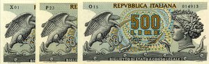 obverse: CARTAMONETA - BIGLIETTI DI STATO - Repubblica Italiana (monetazione in lire) (1946-2001) - 500 Lire - Aretusa Tre decreti. qFDS÷FDS