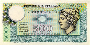 obverse: CARTAMONETA - BIGLIETTI DI STATO - Repubblica Italiana (monetazione in lire) (1946-2001) - 500 Lire - Mercurio 02/04/1979 Alfa 557sp; Lireuro 26Ca R  Sostitutiva da W25 a W27. qFDS