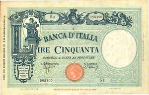 obverse: CARTAMONETA - BANCA d ITALIA - Vittorio Emanuele III (1900-1943) - 50 Lire - Fascetto 31/03/1943 - Grande L Alfa 200; Lireuro 9A   Azzolini/Urbini Due forellini. BB-SPL