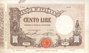 obverse: CARTAMONETA - BANCA d ITALIA - Vittorio Emanuele III (1900-1943) - 100 Lire - Barbetti con matrice 02/06/1928 - Fascio Alfa 345; Lireuro 17F R  Stringher/Sacchi Traccia di nastro adesivo in alto a s.. BB+