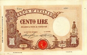 obverse: CARTAMONETA - BANCA d ITALIA - Vittorio Emanuele III (1900-1943) - 100 Lire - Barbetti con matrice 04/10/1918 Alfa 301; Lireuro 15/29   Stringher/Sacchi Macchioline. SPL