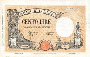 obverse: CARTAMONETA - BANCA d ITALIA - Vittorio Emanuele III (1900-1943) - 100 Lire - Barbetti 09/12/1942 - Fascio Alfa 370; Lireuro 21A   Azzolini/Urbini. qBB