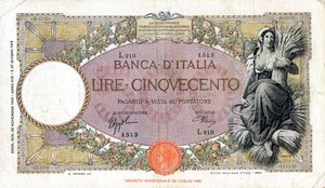 obverse: CARTAMONETA - BANCA d ITALIA - Vittorio Emanuele III (1900-1943) - 500 Lire - Capranesi 22/11/1940 - Fascio I° tipo Alfa 520; Lireuro 29U   Azzolini/Urbini. qBB