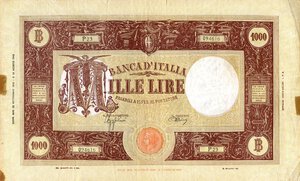 obverse: CARTAMONETA - BANCA d ITALIA - Vittorio Emanuele III (1900-1943) - 1.000 Lire - Barbetti (testina) 22/09/1943 - B.I. Alfa 626; Lireuro 48B R  Azzolini/Urbini Tracce laterali di nastro adesivo. meglio di MB