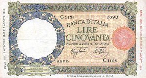 obverse: CARTAMONETA - BANCA d ITALIA - Repubblica Sociale (1943-1945) - 50 Lire - Lupa 08/10/1943 - B.I. L Aquila Alfa 258; Lireuro 11B RR  Azzolini/Urbini. meglio di MB