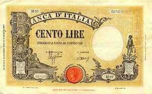 obverse: CARTAMONETA - BANCA d ITALIA - Luogotenenza (1944-1946) - 100 Lire - Barbetti 10/10/1944 Alfa 376; Lireuro 24A   Azzolini/Urbini Macchia al R/. bel BB