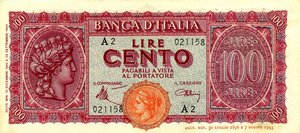 obverse: CARTAMONETA - BANCA d ITALIA - Luogotenenza (1944-1946) - 100 Lire - Italia Turrita 10/12/1944 Alfa 425; Lireuro 25A   Introna/Urbini. SPL+