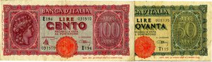 obverse: CARTAMONETA - BANCA d ITALIA - Luogotenenza (1944-1946) - 100 Lire - Italia Turrita 10/12/1944 Alfa 425; Lireuro 25A   Introna/Urbini Assieme a 50 lire - Lotto di 2 biglietti. med. BB