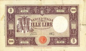 obverse: CARTAMONETA - BANCA d ITALIA - Luogotenenza (1944-1946) - 1.000 Lire - Barbetti (testina) 08/01/1946 Alfa 635; Lireuro 49H   Einaudi/Urbini Restauri. meglio di MB