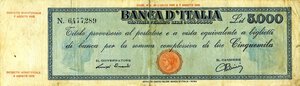 obverse: CARTAMONETA - BANCA d ITALIA - Luogotenenza (1944-1946) - 5.000 Lire - Provvisorio (testina) 04/08/1945 Alfa 750; Lireuro 61A RRRR  Einaudi/Urbini Restauri abbondanti. B