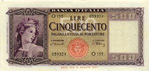 obverse: CARTAMONETA - BANCA d ITALIA - Repubblica Italiana (monetazione in lire) (1946-2001) - 500 Lire - Italia 10/02/1948 Alfa 545; Lireuro 39B R  Einaudi/Urbini. SPL