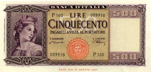 obverse: CARTAMONETA - BANCA d ITALIA - Repubblica Italiana (monetazione in lire) (1946-2001) - 500 Lire - Italia 10/02/1948 Alfa 545; Lireuro 39B R  Einaudi/Urbini Lotto di 2 biglietti consecutivi. qSPL