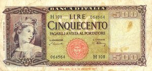 obverse: CARTAMONETA - BANCA d ITALIA - Repubblica Italiana (monetazione in lire) (1946-2001) - 500 Lire - Italia 20/03/1947 Alfa 544; Lireuro 39A   Einaudi/Urbini Leggermente decentrato. meglio di MB