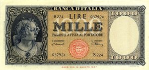 obverse: CARTAMONETA - BANCA d ITALIA - Repubblica Italiana (monetazione in lire) (1946-2001) - 1.000 Lire - Medusa 10/02/1948 Alfa 696; Lireuro 54B   Einaudi/Urbini Lotto di 2 biglietti consecutivi. qSPL