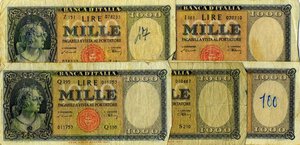 obverse: CARTAMONETA - BANCA d ITALIA - Repubblica Italiana (monetazione in lire) (1946-2001) - 1.000 Lire - Medusa 10/02/1948 Alfa 696; Lireuro 54B   Einaudi/Urbini Lotto di 5 esemplari. med. MB