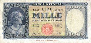 obverse: CARTAMONETA - BANCA d ITALIA - Repubblica Italiana (monetazione in lire) (1946-2001) - 1.000 Lire - Medusa 11/02/1949 Alfa 697; Lireuro 54C RRR  Menichella/Urbini. meglio di MB