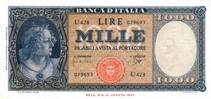 obverse: CARTAMONETA - BANCA d ITALIA - Repubblica Italiana (monetazione in lire) (1946-2001) - 1.000 Lire - Medusa 25/09/1961 Alfa 699; Lireuro 54E R  Carli/Ripa Due forellini da spillo. SPL