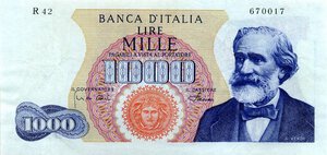 obverse: CARTAMONETA - BANCA d ITALIA - Repubblica Italiana (monetazione in lire) (1946-2001) - 1.000 Lire - Verdi 1° tipo 04/01/1968 Alfa 716; Lireuro 55G RRR  Carli/Pacini Stirato. qBB