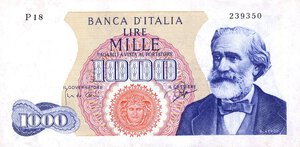 obverse: CARTAMONETA - BANCA d ITALIA - Repubblica Italiana (monetazione in lire) (1946-2001) - 1.000 Lire - Verdi 1° tipo 05/07/1963 Alfa 711; Lireuro 55B RR  Carli/Ripa. qFDS