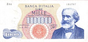 obverse: CARTAMONETA - BANCA d ITALIA - Repubblica Italiana (monetazione in lire) (1946-2001) - 1.000 Lire - Verdi 1° tipo 14/01/1964 Alfa 712sp; Lireuro 55Ca RRR  Sostitutiva da Z08 a Z09. qSPL