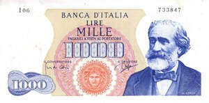 obverse: CARTAMONETA - BANCA d ITALIA - Repubblica Italiana (monetazione in lire) (1946-2001) - 1.000 Lire - Verdi 1° tipo 14/07/1962 Alfa 710; Lireuro 55A   Carli/Ripa. qFDS