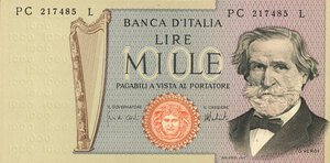 obverse: CARTAMONETA - BANCA d ITALIA - Repubblica Italiana (monetazione in lire) (1946-2001) - 1.000 Lire - Verdi 2° tipo 05/08/1975 Alfa 721; Lireuro 56D   Carli/Barbarito Taglio spostato a d.. FDS