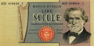 obverse: CARTAMONETA - BANCA d ITALIA - Repubblica Italiana (monetazione in lire) (1946-2001) - 1.000 Lire - Verdi 2° tipo 25/03/1969 Alfa 718; Lireuro 56A   Carli/Lombardo Taglio spostato a s.. FDS