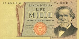 obverse: CARTAMONETA - BANCA d ITALIA - Repubblica Italiana (monetazione in lire) (1946-2001) - 1.000 Lire - Verdi 2° tipo 25/03/1969 Alfa 718; Lireuro 56A2 R  Carli/Lombardo, carta ocra. qFDS