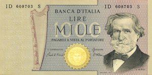 obverse: CARTAMONETA - BANCA d ITALIA - Repubblica Italiana (monetazione in lire) (1946-2001) - 1.000 Lire - Verdi 2° tipo 30/05/1981 Alfa 726; Lireuro 56I   Ciampi/Stevani Contrassegno di Stato evanescente. qFDS