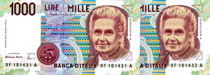 obverse: CARTAMONETA - BANCA d ITALIA - Repubblica Italiana (monetazione in lire) (1946-2001) - 1.000 Lire - Montessori 05/01/1999 Alfa 739sp; Lireuro 64Fa R  Sostitutiva XF - 2 biglietti consecutivi. FDS